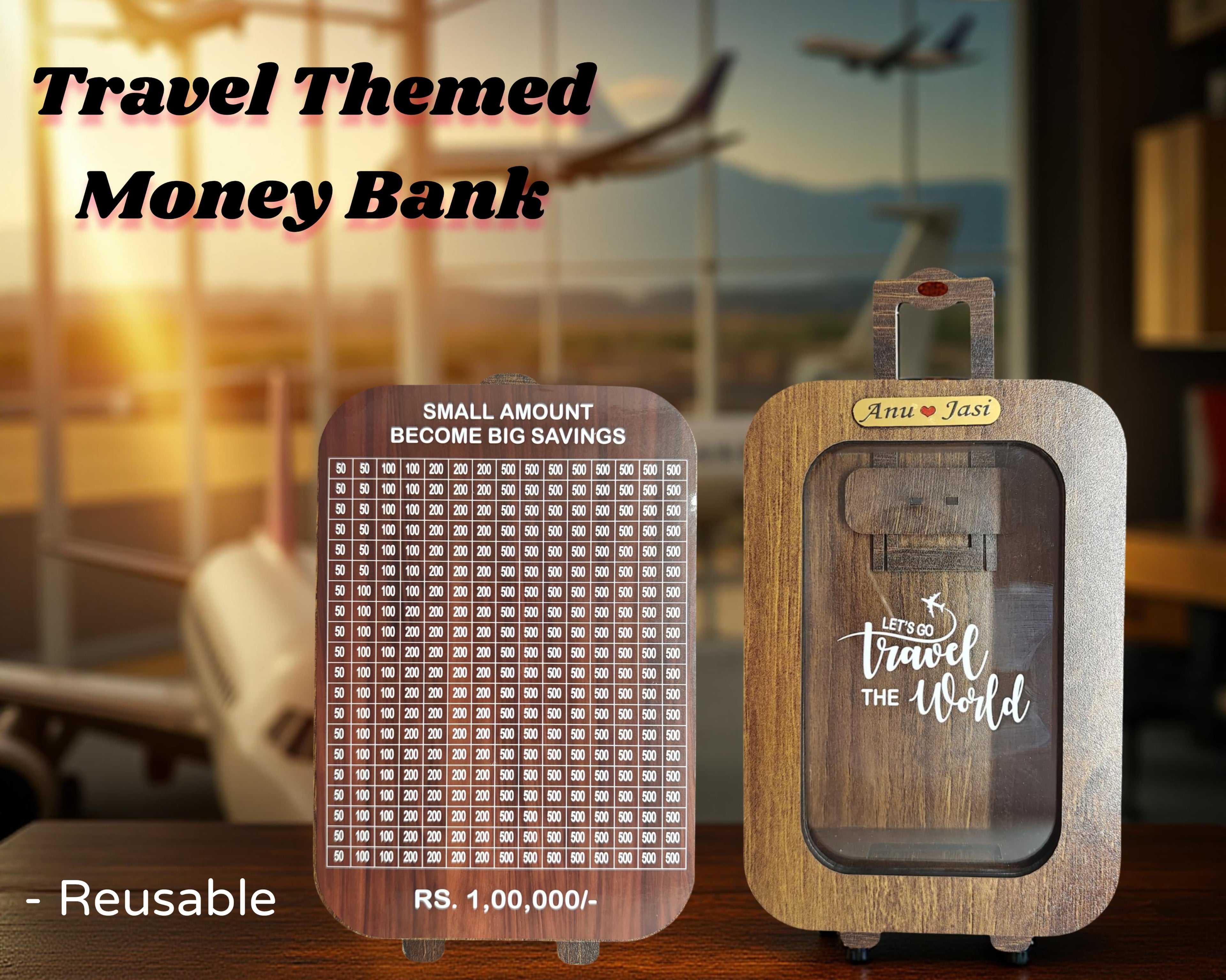 Travel-themed money bank with wooden design
