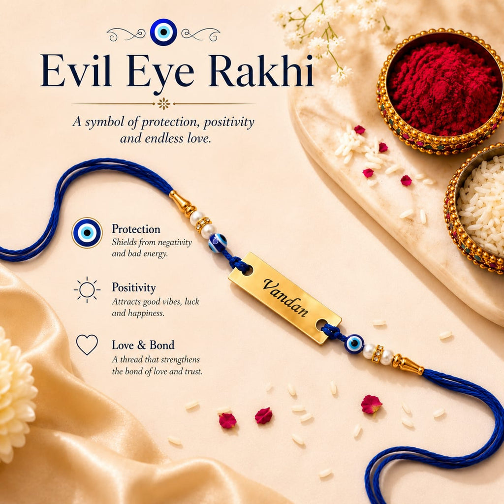 Personalized Evil Eye Name Rakhi for Brother | Custom Gold Name Plate Rakshabandhan Rakhi