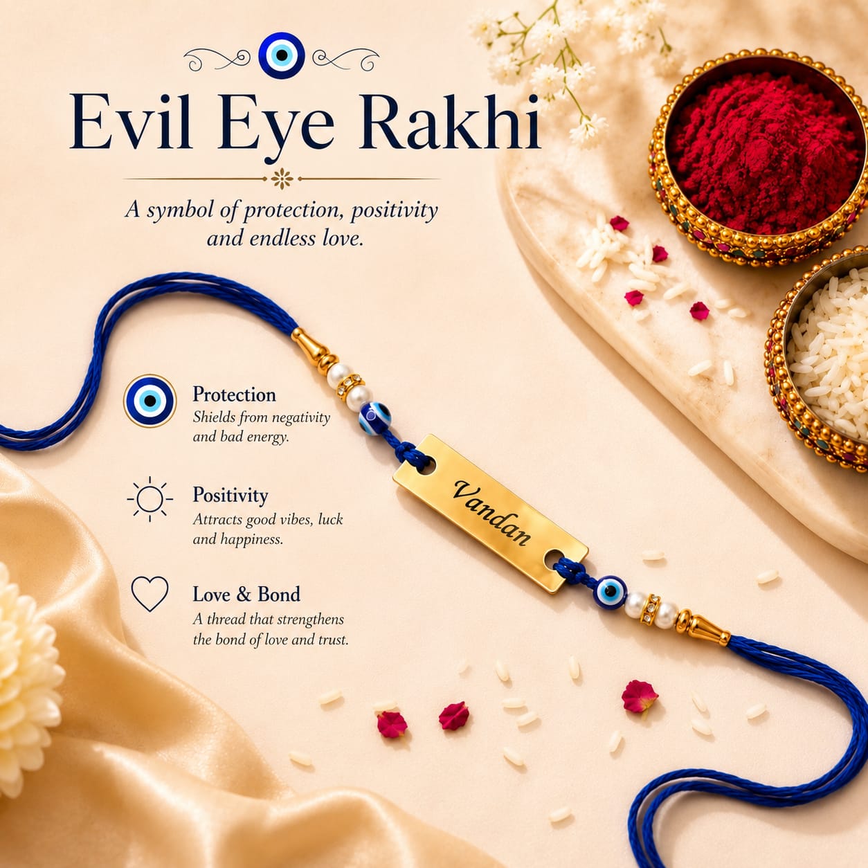 Personalized Evil Eye Name Rakhi for Brother | Custom Gold Name Plate Rakshabandhan Rakhi