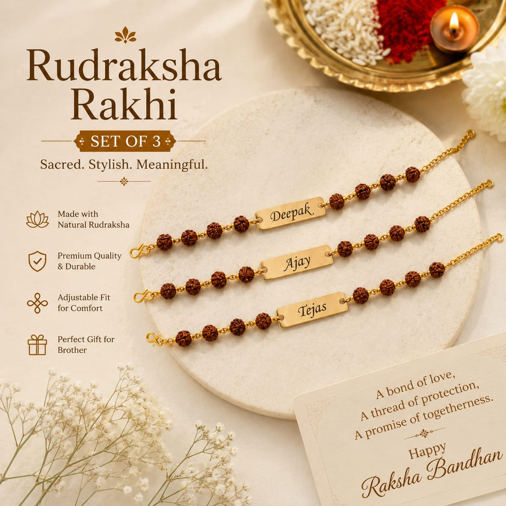 Personalized Rudraksha Rakhi Set of 3 for Brother | Custom Name Engraved Raksha Bandhan Gift |