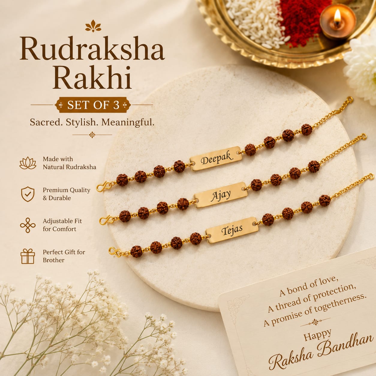Personalized Rudraksha Rakhi Set of 3 for Brother | Custom Name Engraved Raksha Bandhan Gift |