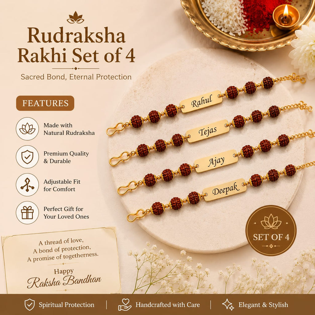 Personalized Rudraksha Rakhi Set of 4 for Brothers | Custom Name Engraved Premium Raksha Bandhan Gift