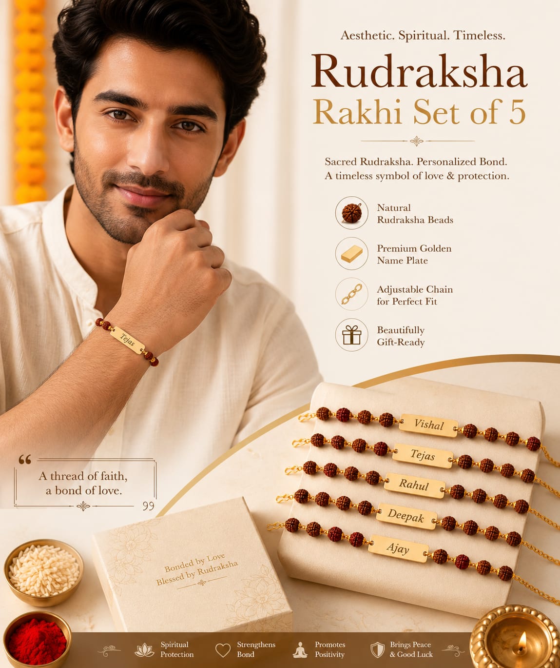 Personalized Rudraksha Rakhi Set of 5 for Brother | Custom Name Rakhi with Golden Name Plate | Raksha Bandhan Rudraksha Rakhi