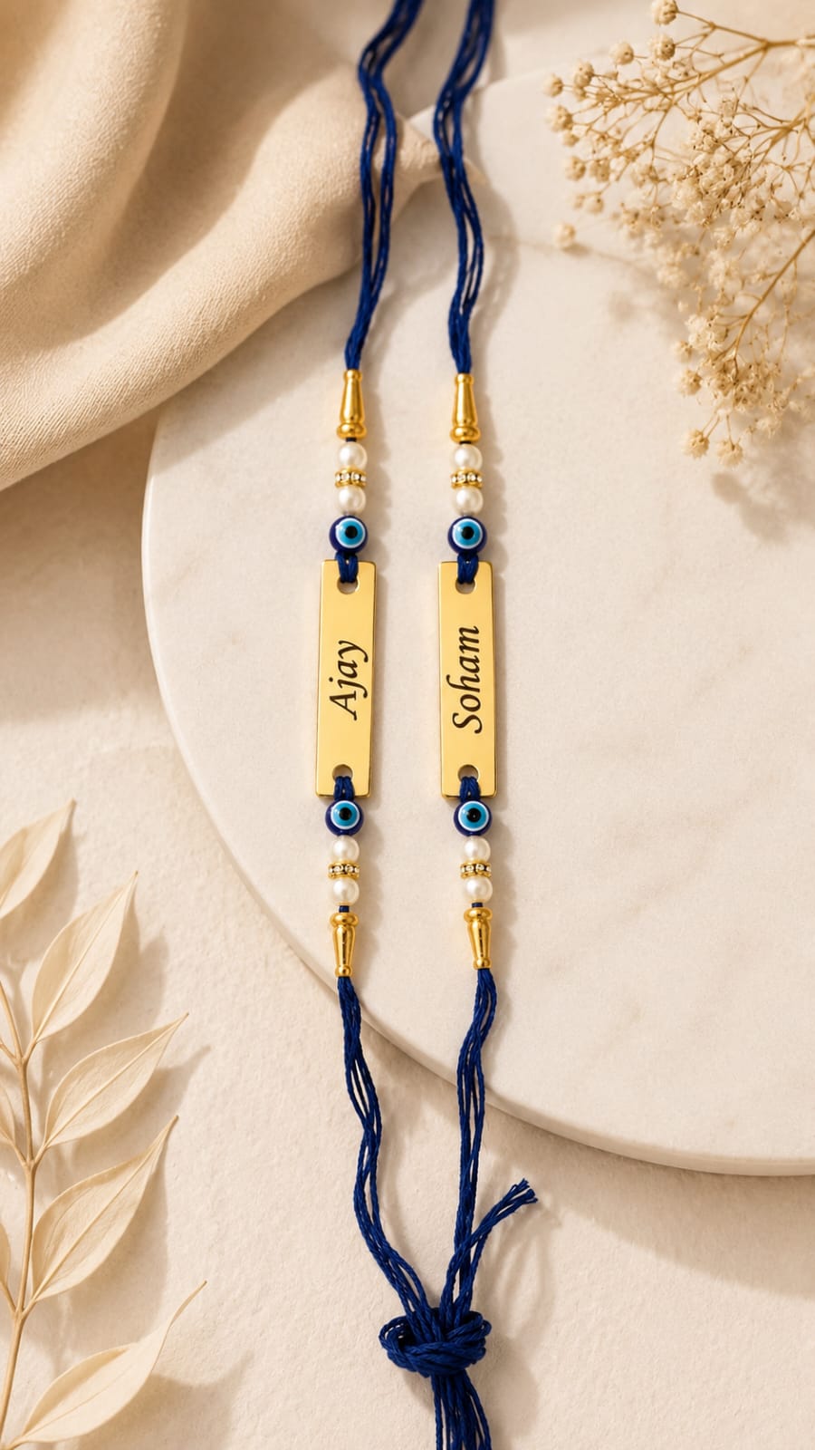 Personalized Evil Eye Rakhi Set of 2 with Custom Name Plate | Premium Beaded Rakhi for Brother | Raksha Bandhan Gift