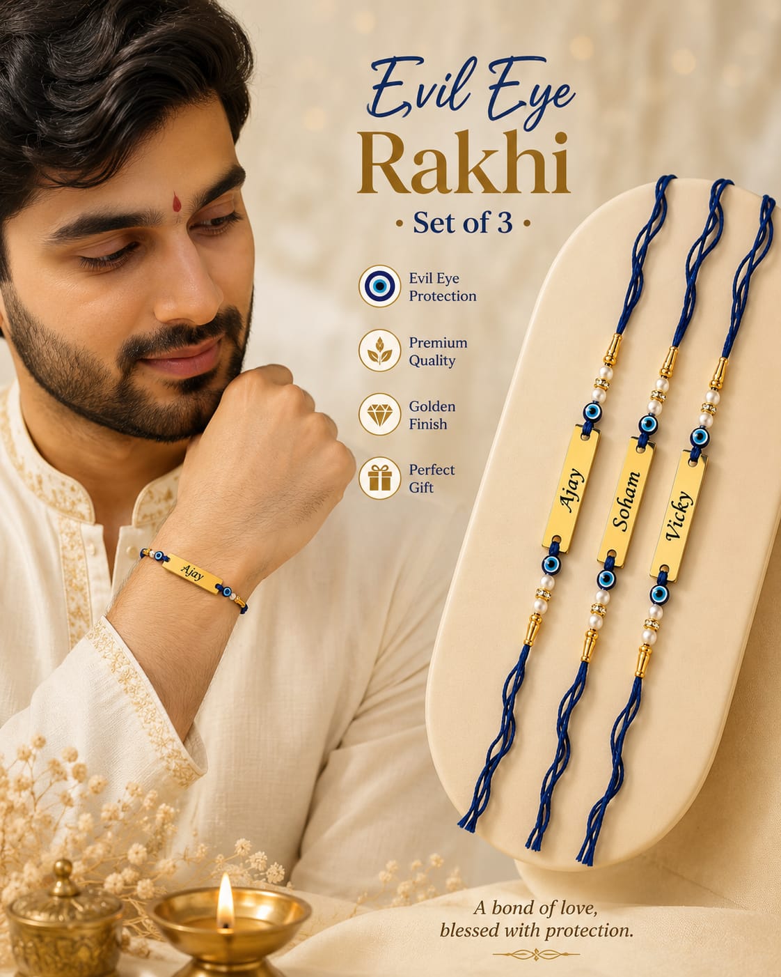 Personalized Evil Eye Rakhi Set of 3 for Brother | Custom Name Rakhi | Premium Golden Finish | Raksha Bandhan Gift