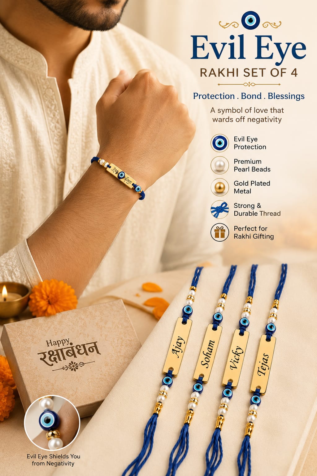Personalized Evil Eye Rakhi Set of 4 for Brother | Custom Name Rakhi | Gold-Plated Rakhi with Pearl Beads | Raksha Bandhan Gift