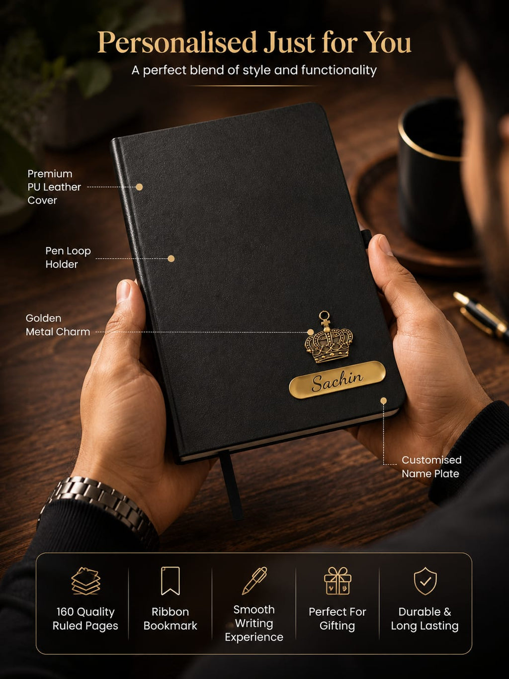 Personalized Premium PU Leather Diary with Custom Name Plate | 200 Ruled Pages | Gift for Men & Women
