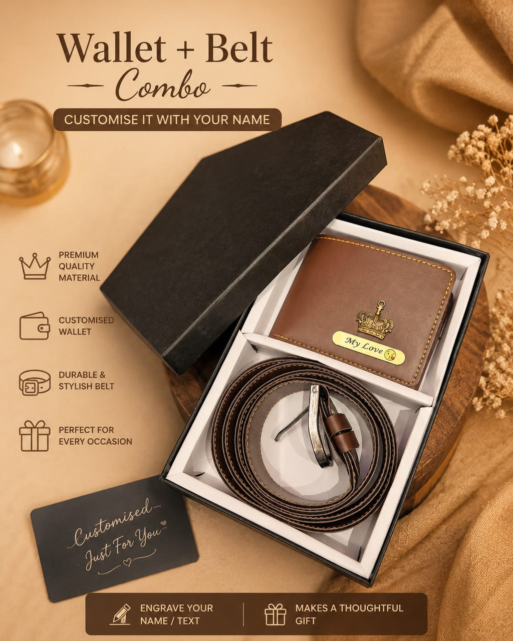 Personalized Wallet & Belt Gift Combo for Men | Custom Name Engraved Premium Brown Leather Wallet with Stylish Belt | Birthday, Anniversary & Gift for Him