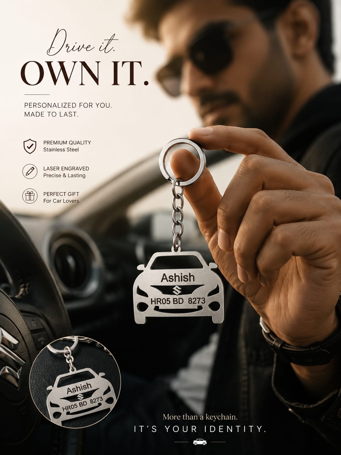 Personalized Stainless Steel Car Keychain with Name & Vehicle Number