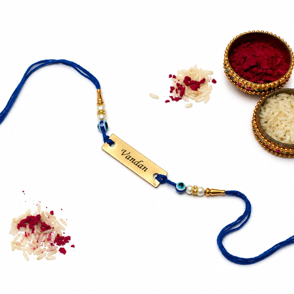 Personalized Evil Eye Name Rakhi for Brother | Custom Gold Name Plate Rakshabandhan Rakhi
