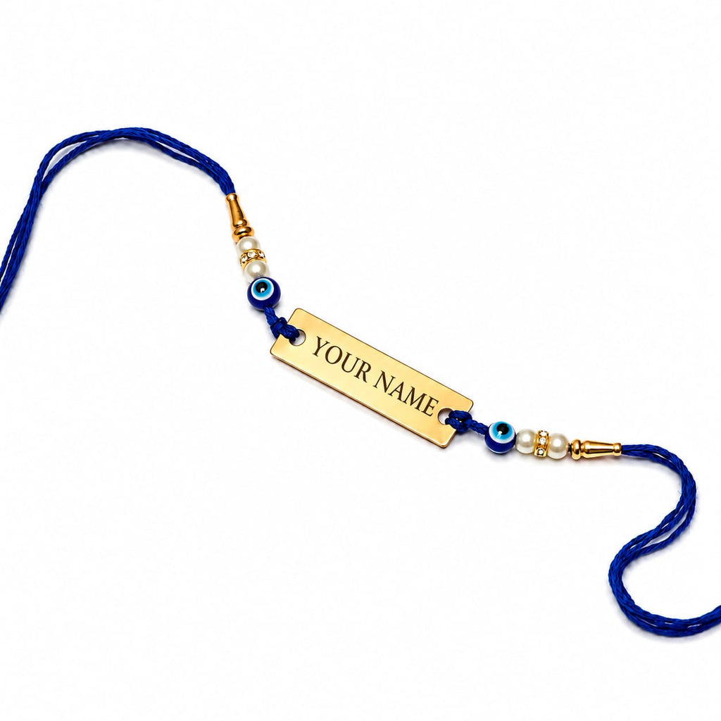 Personalized Evil Eye Name Rakhi for Brother | Custom Gold Name Plate Rakshabandhan Rakhi