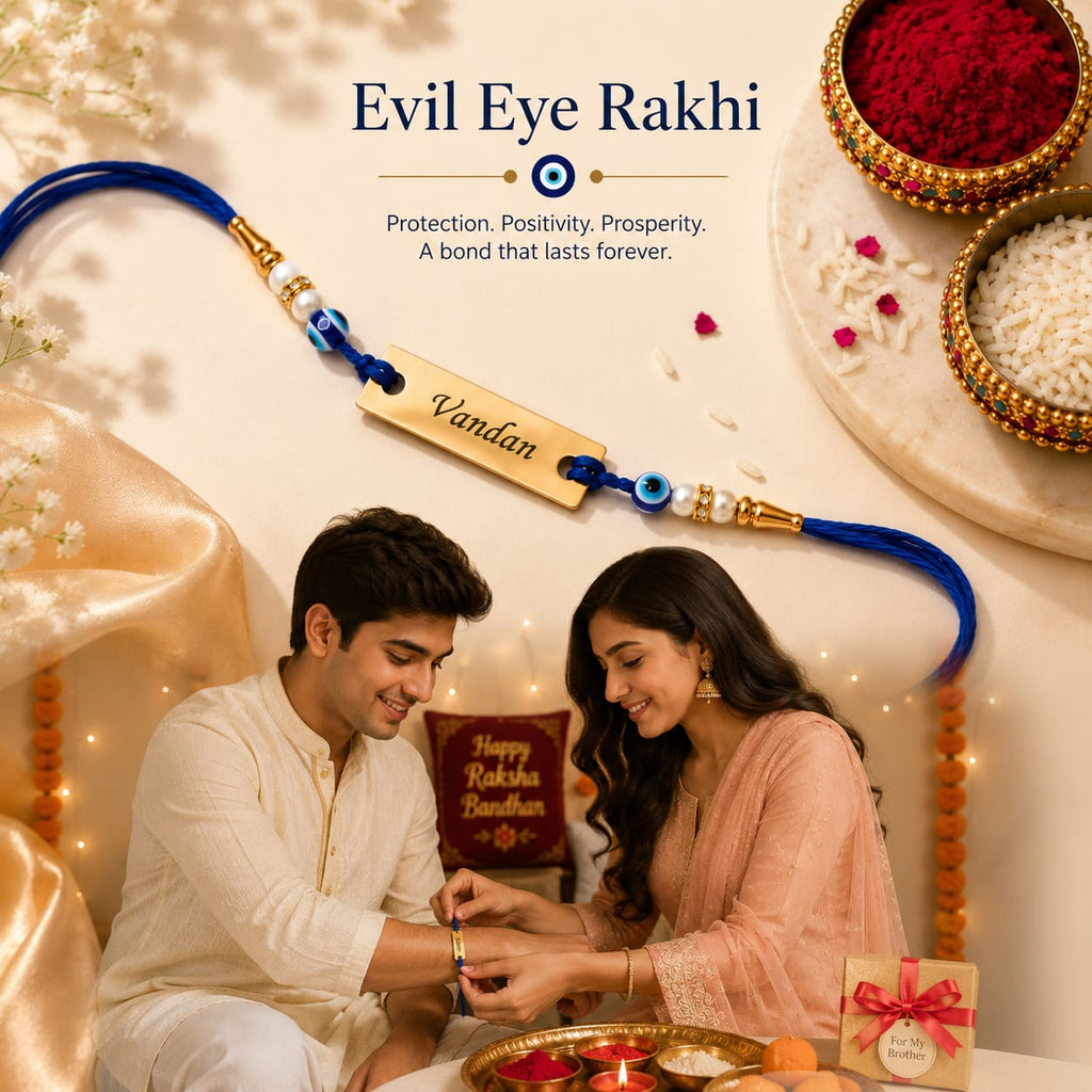 Personalized Evil Eye Name Rakhi for Brother | Custom Gold Name Plate Rakshabandhan Rakhi