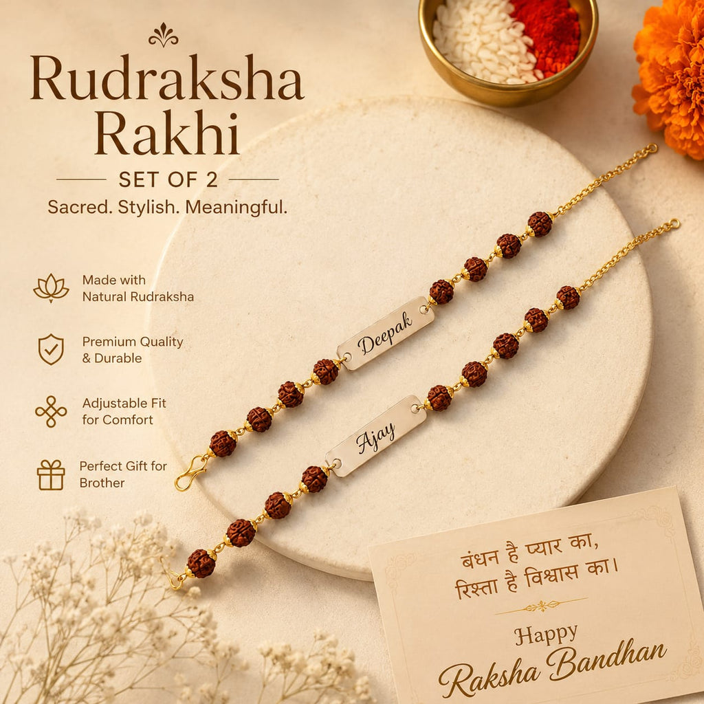 Personalized Rudraksha Rakhi Set of 2 for Brother | Custom Name Engraved Rakhi | Gold Plated Spiritual Raksha Bandhan Gift