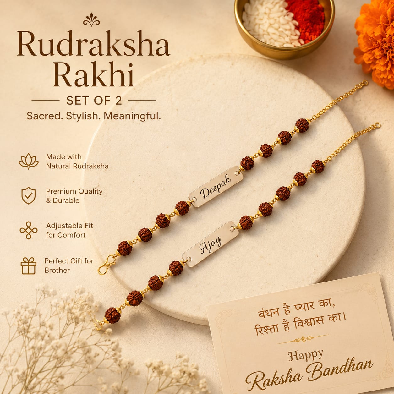 Personalized Rudraksha Rakhi Set of 2 for Brother | Custom Name Engraved Rakhi | Gold Plated Spiritual Raksha Bandhan Gift