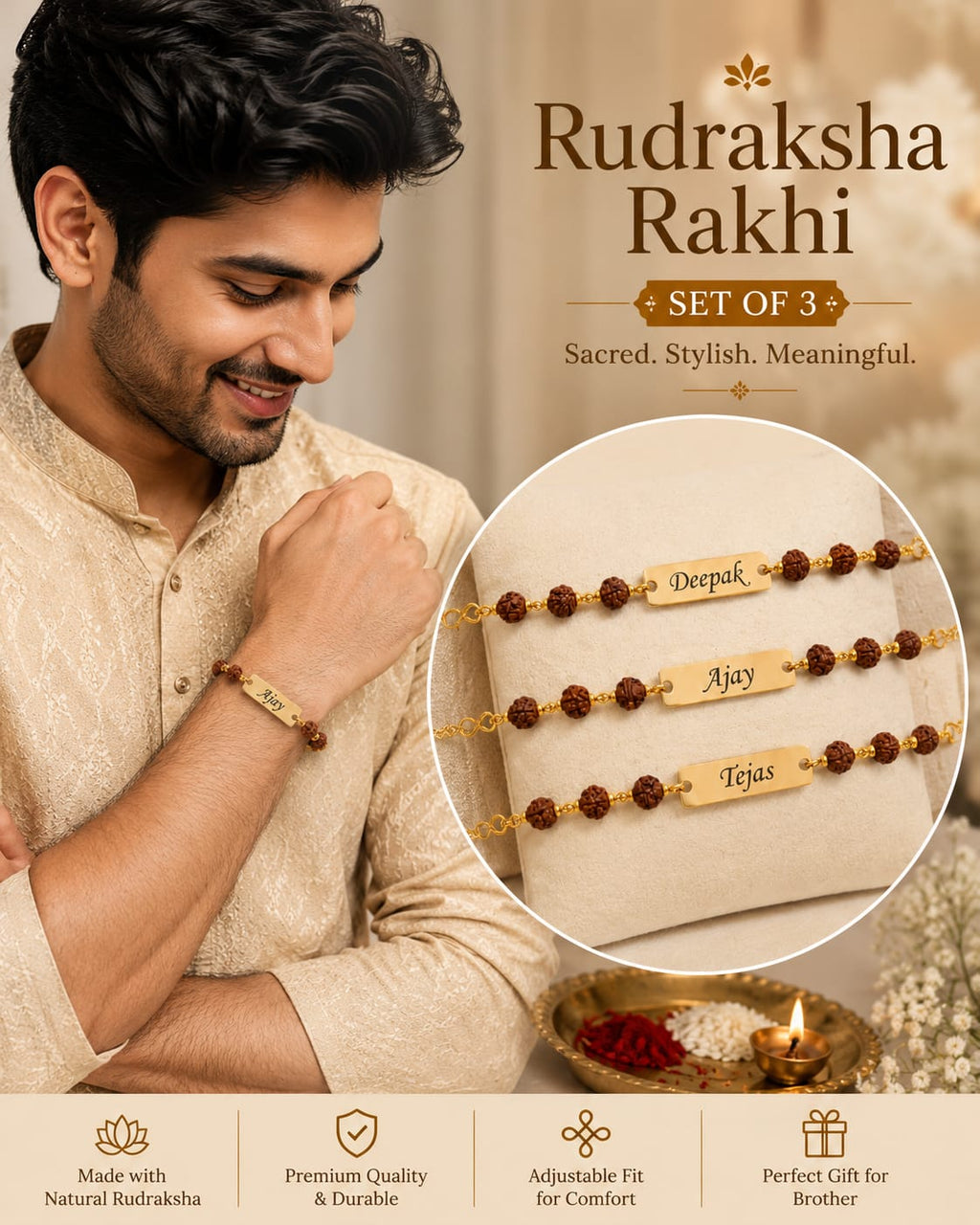 Personalized Rudraksha Rakhi Set of 3 for Brother | Custom Name Engraved Raksha Bandhan Gift |