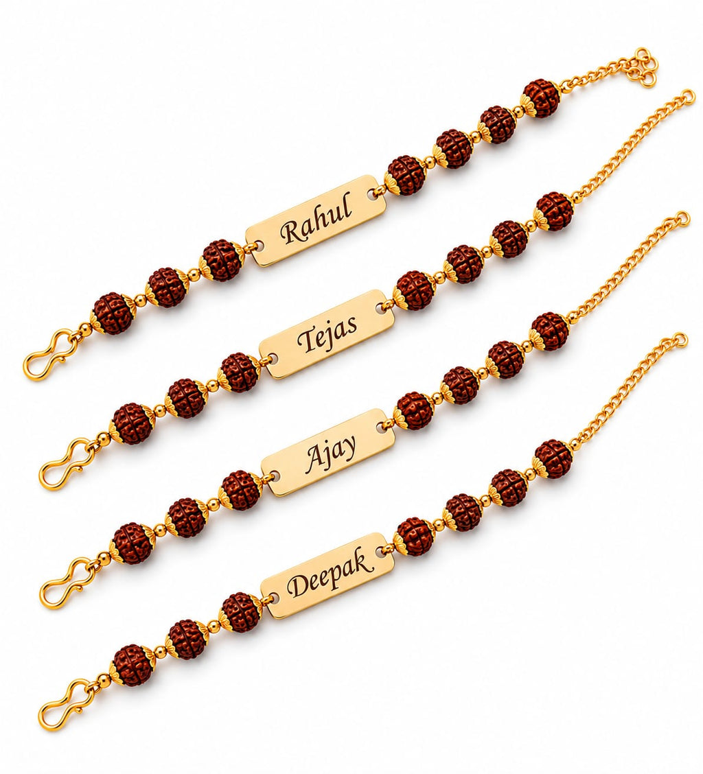 Personalized Rudraksha Rakhi Set of 4 for Brothers | Custom Name Engraved Premium Raksha Bandhan Gift