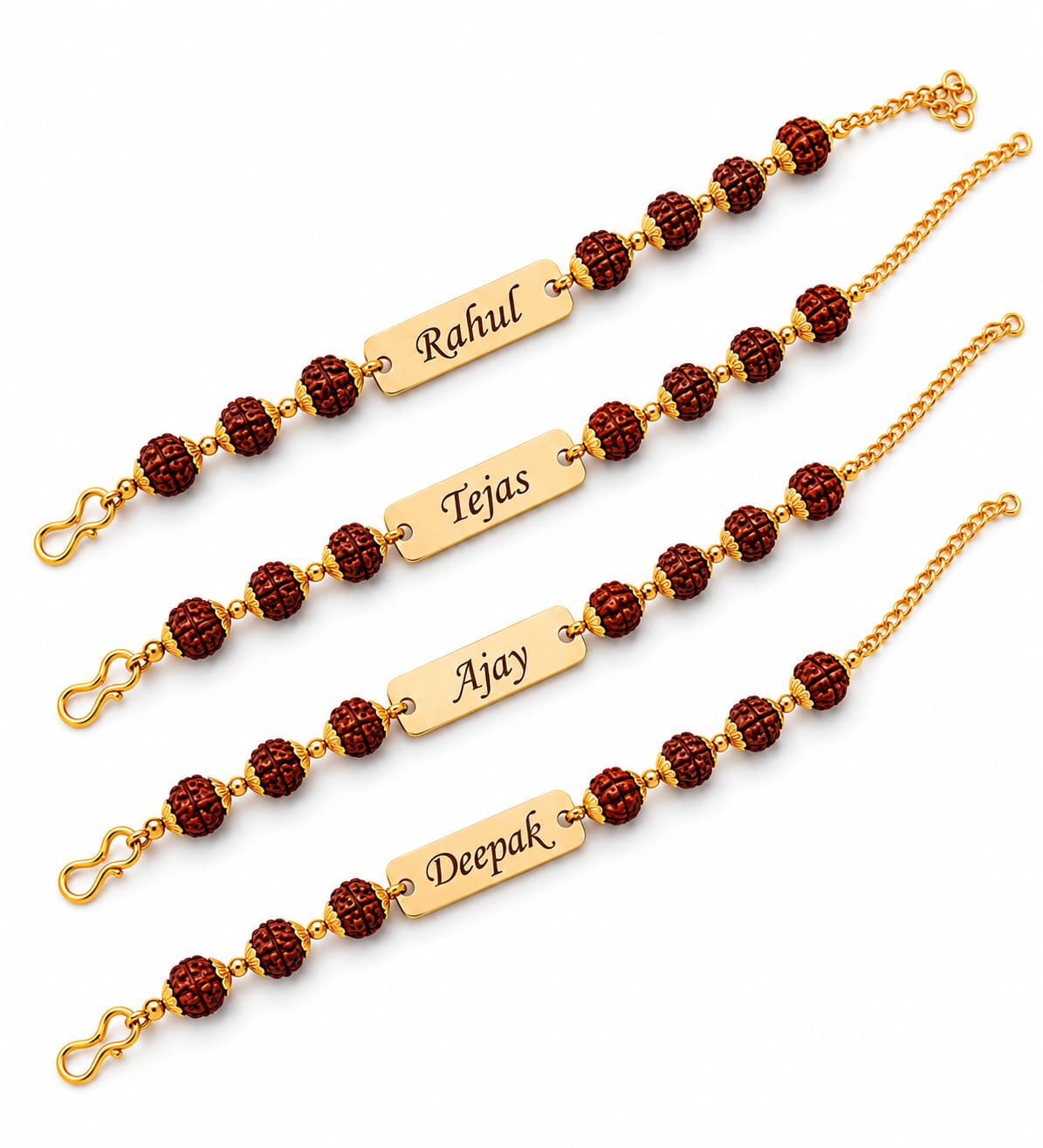 Personalized Rudraksha Rakhi Set of 4 for Brothers | Custom Name Engraved Premium Raksha Bandhan Gift
