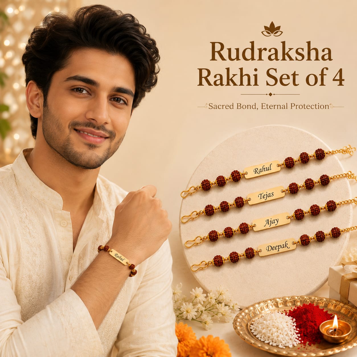 Personalized Rudraksha Rakhi Set of 4 for Brothers | Custom Name Engraved Premium Raksha Bandhan Gift