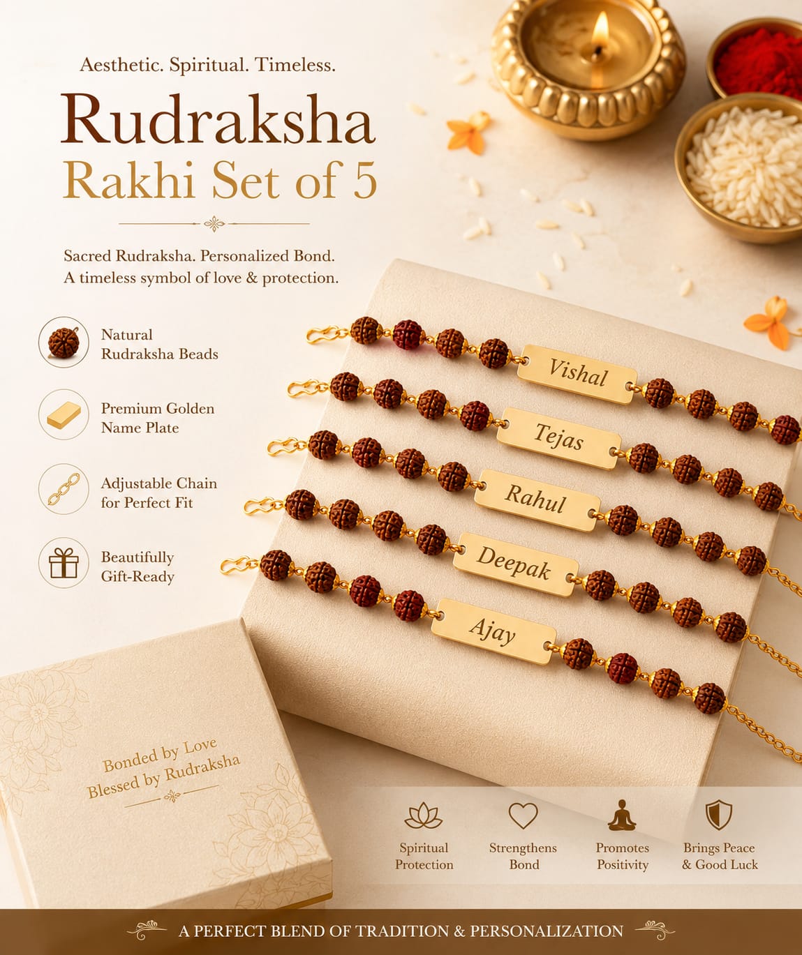 Personalized Rudraksha Rakhi Set of 5 for Brother | Custom Name Rakhi with Golden Name Plate | Raksha Bandhan Rudraksha Rakhi