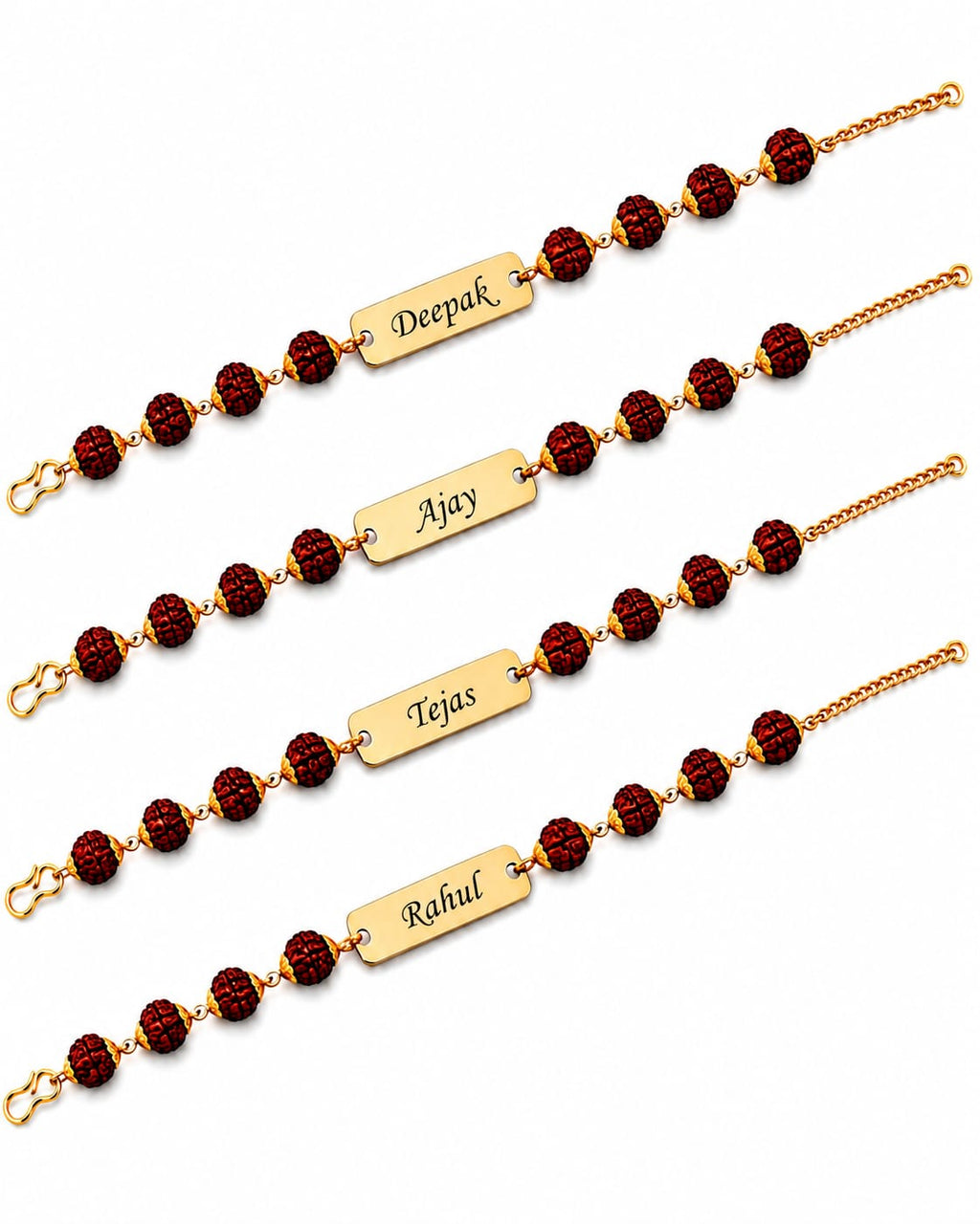 Personalized Rudraksha Rakhi Set of 4 for Brothers | Custom Name Engraved Premium Raksha Bandhan Gift