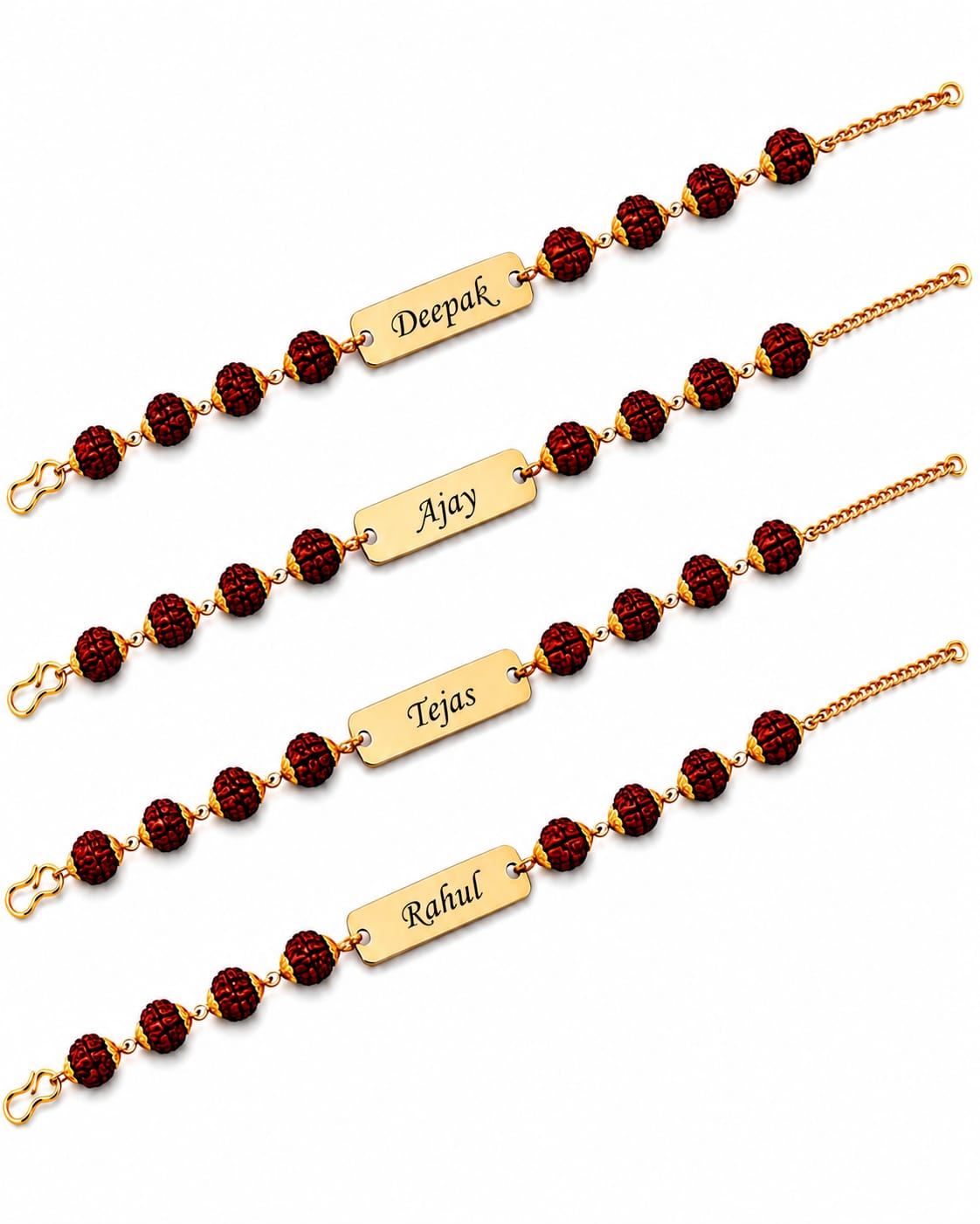 Personalized Rudraksha Rakhi Set of 4 for Brothers | Custom Name Engraved Premium Raksha Bandhan Gift