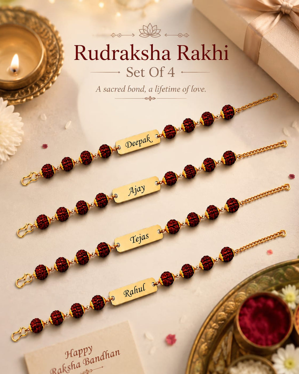 Personalized Rudraksha Rakhi Set of 4 for Brothers | Custom Name Engraved Premium Raksha Bandhan Gift