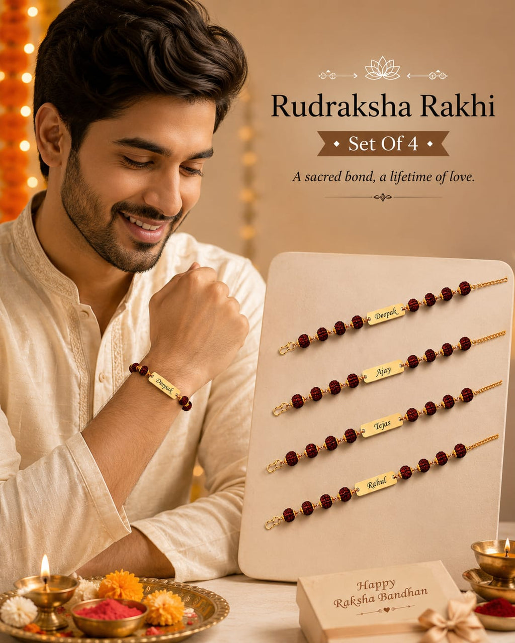 Personalized Rudraksha Rakhi Set of 4 for Brothers | Custom Name Engraved Premium Raksha Bandhan Gift