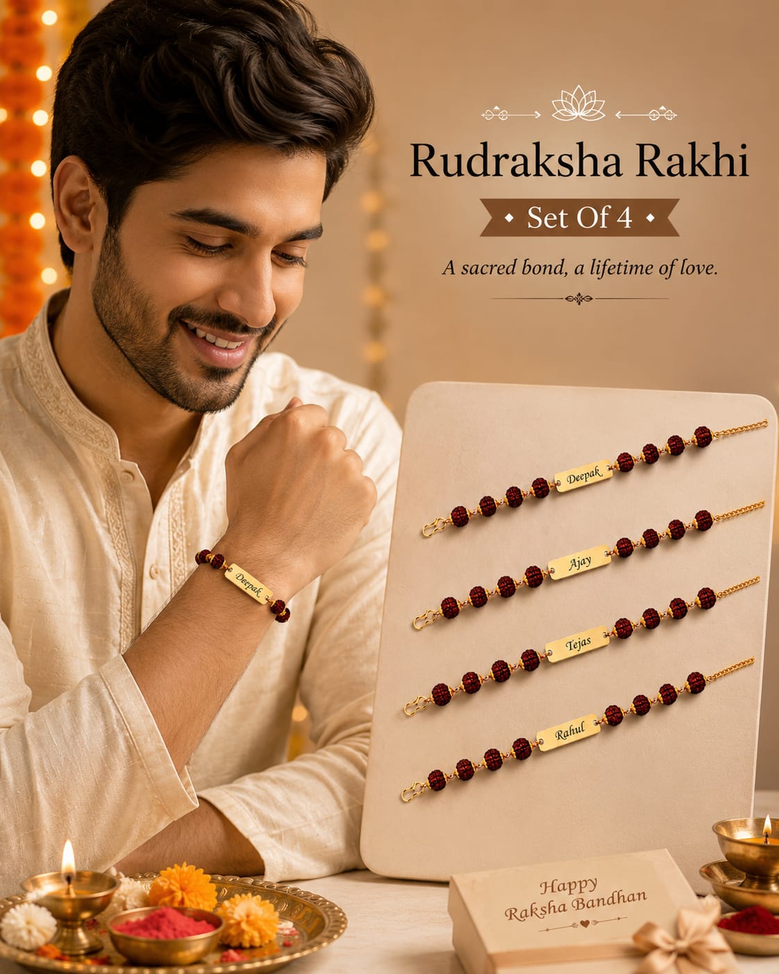 Personalized Rudraksha Rakhi Set of 4 for Brothers | Custom Name Engraved Premium Raksha Bandhan Gift