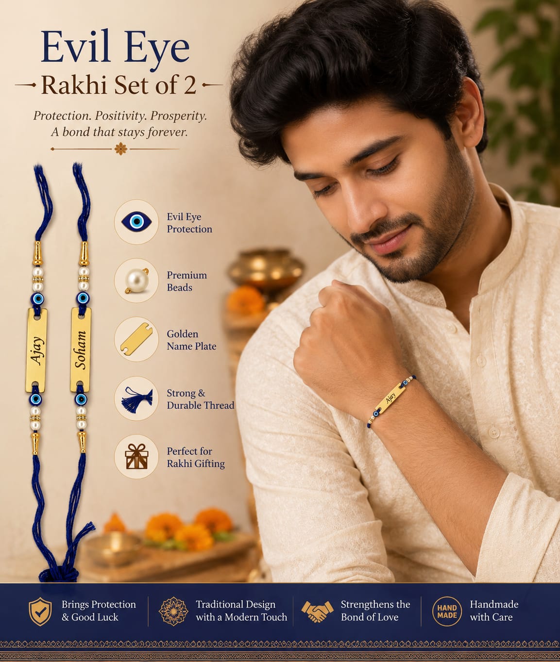 Personalized Evil Eye Rakhi Set of 2 with Custom Name Plate | Premium Beaded Rakhi for Brother | Raksha Bandhan Gift