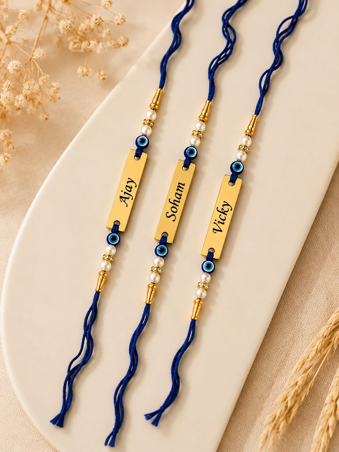 Personalized Evil Eye Rakhi Set of 3 for Brother | Custom Name Rakhi | Premium Golden Finish | Raksha Bandhan Gift