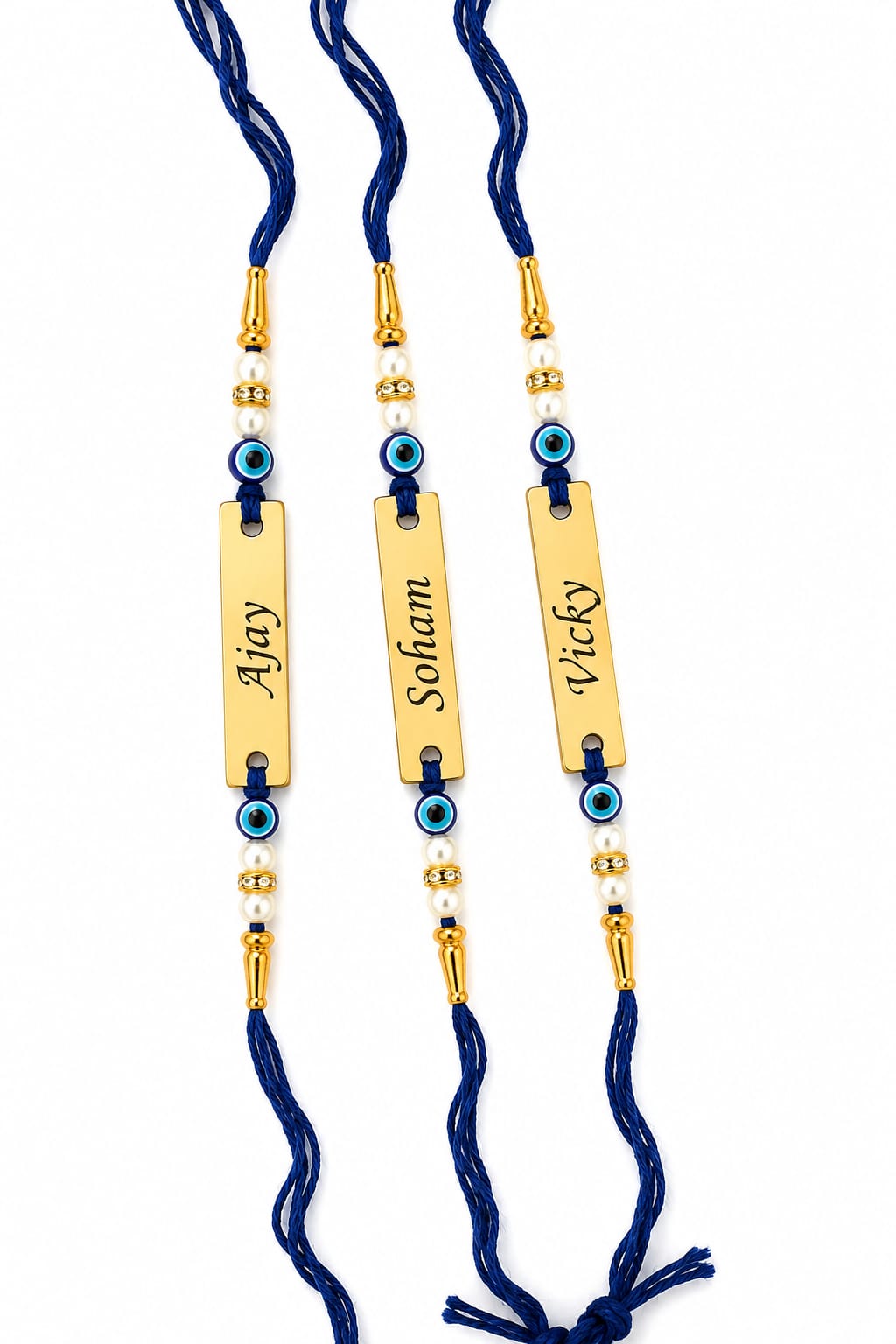 Personalized Evil Eye Rakhi Set of 3 for Brother | Custom Name Rakhi | Premium Golden Finish | Raksha Bandhan Gift