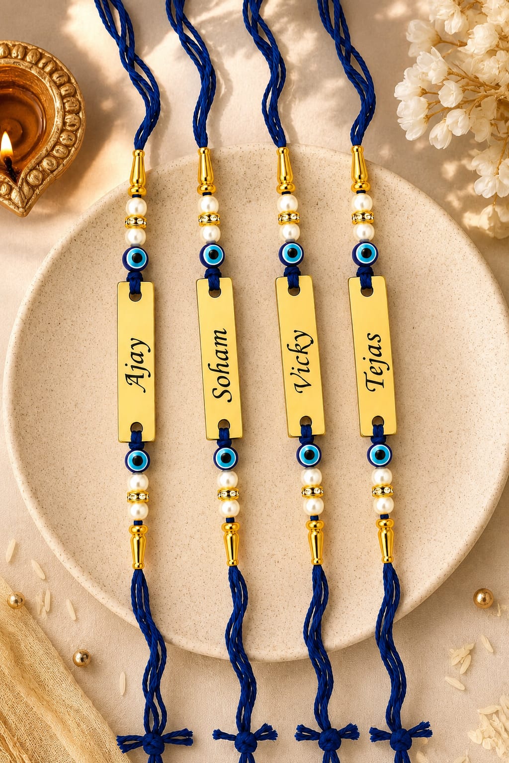 Personalized Evil Eye Rakhi Set of 4 for Brother | Custom Name Rakhi | Gold-Plated Rakhi with Pearl Beads | Raksha Bandhan Gift