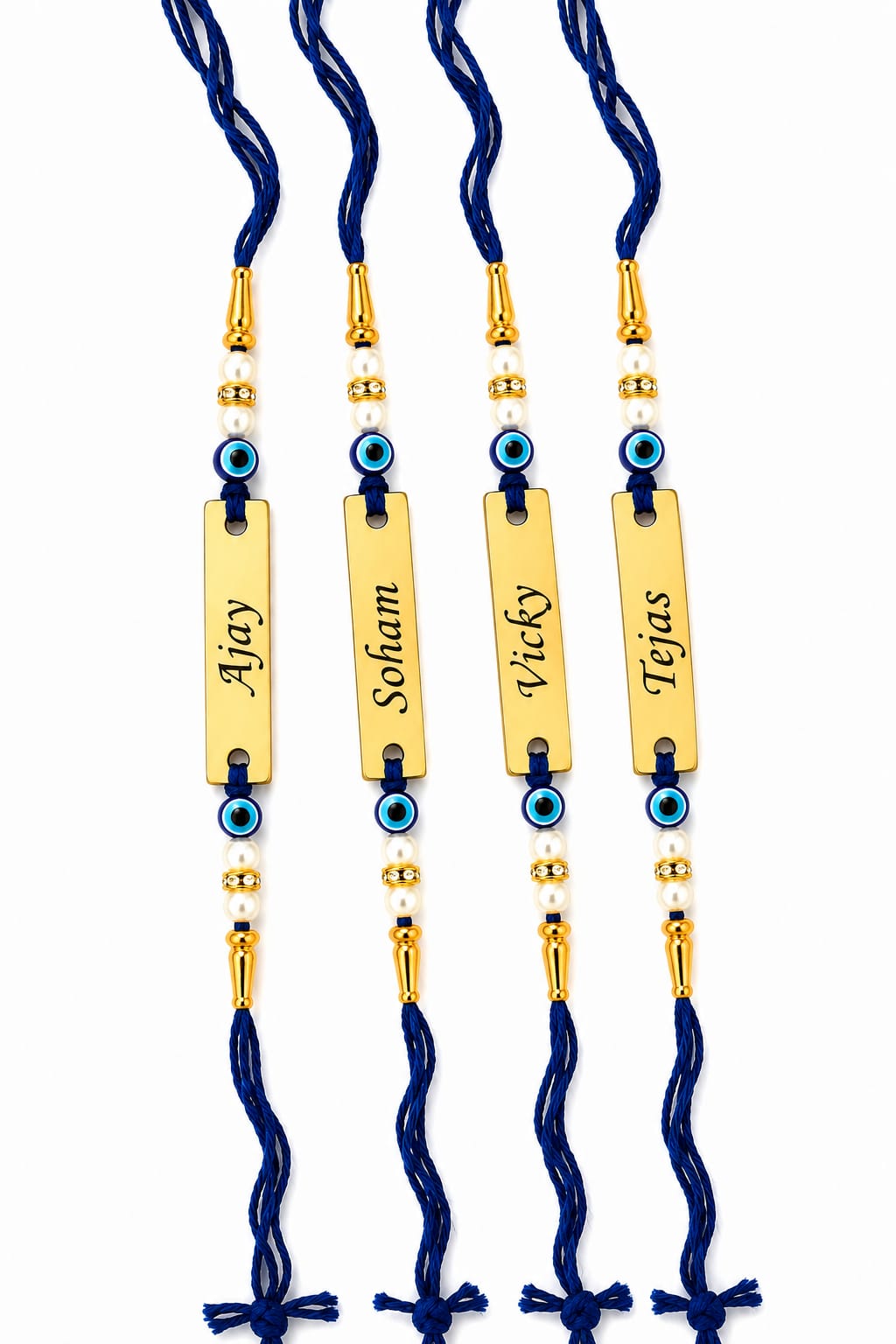 Personalized Evil Eye Rakhi Set of 4 for Brother | Custom Name Rakhi | Gold-Plated Rakhi with Pearl Beads | Raksha Bandhan Gift