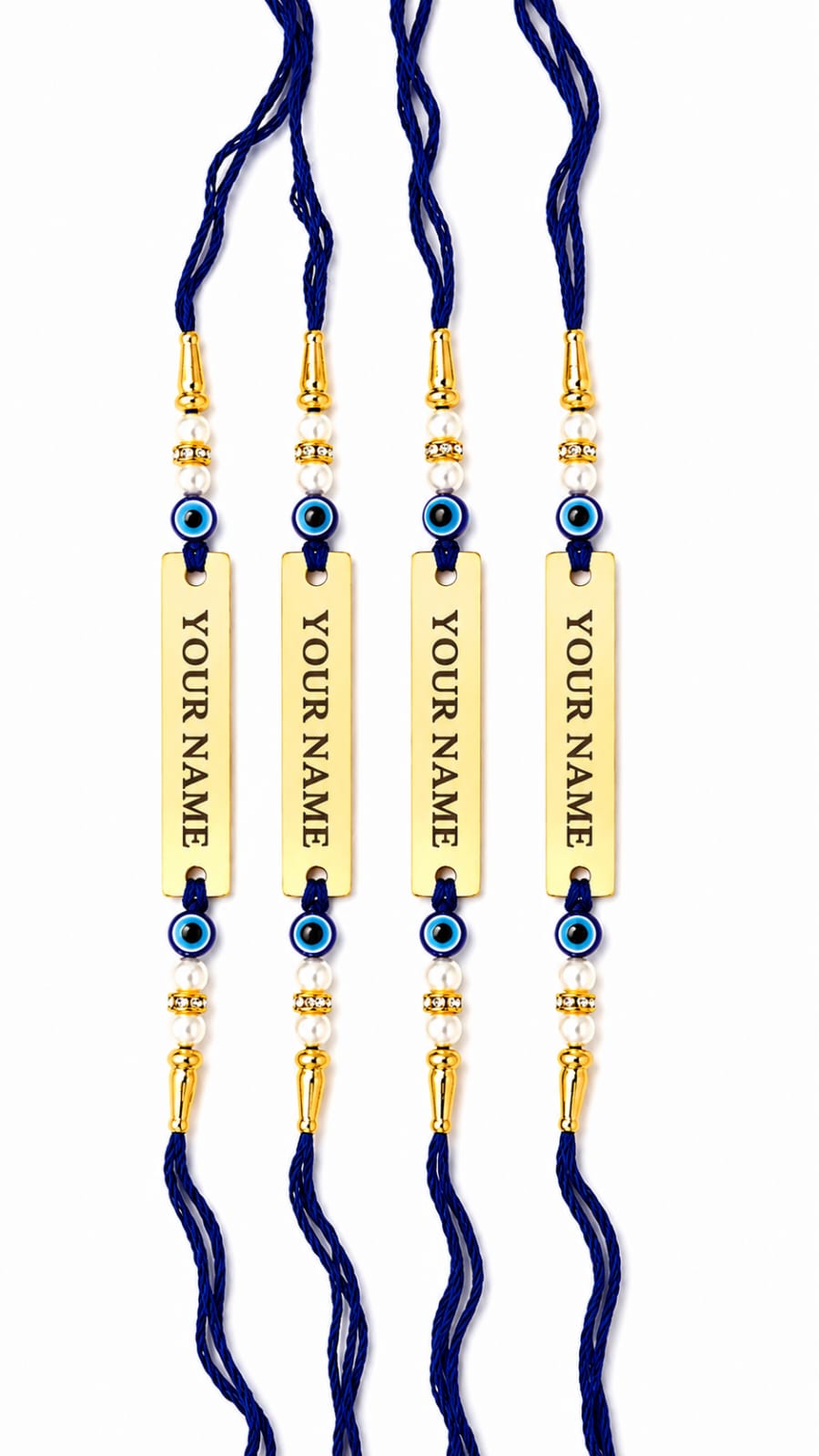 Personalized Evil Eye Rakhi Set of 4 for Brother | Custom Name Rakhi | Gold-Plated Rakhi with Pearl Beads | Raksha Bandhan Gift