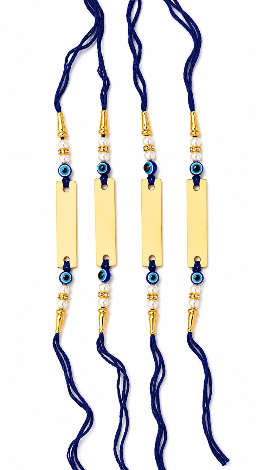 Personalized Evil Eye Rakhi Set of 4 for Brother | Custom Name Rakhi | Gold-Plated Rakhi with Pearl Beads | Raksha Bandhan Gift