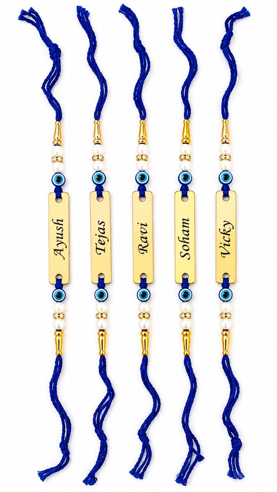 Personalized Evil Eye Rakhi Set of 5 | Custom Name Rakhi with Gold-Plated Name Plate | Premium Raksha Bandhan Gift for Brothers