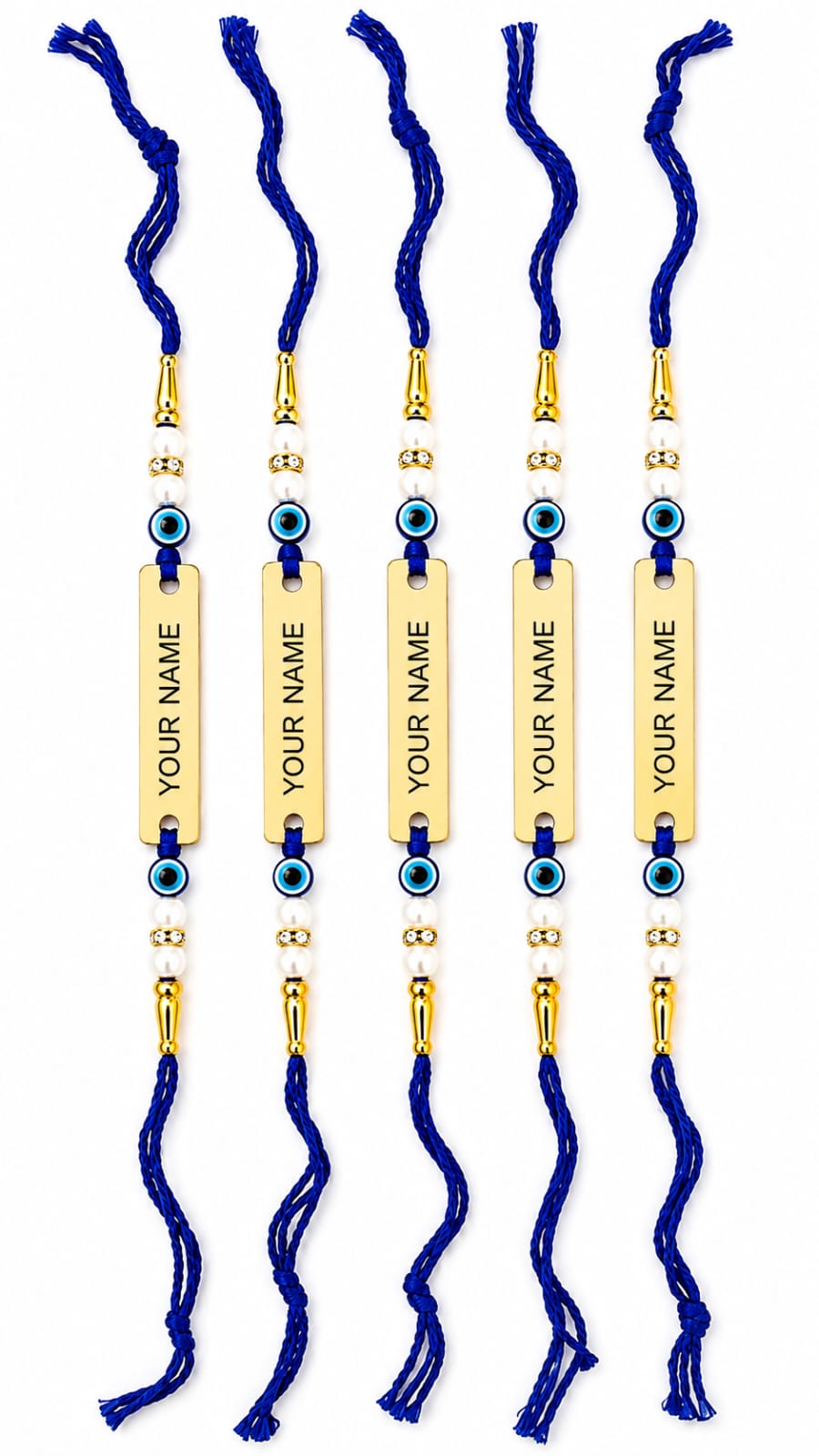 Personalized Evil Eye Rakhi Set of 5 | Custom Name Rakhi with Gold-Plated Name Plate | Premium Raksha Bandhan Gift for Brothers