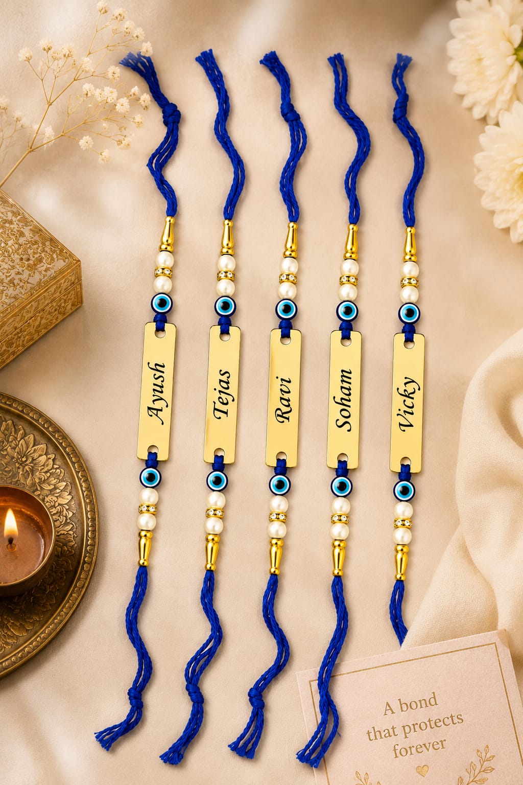 Personalized Evil Eye Rakhi Set of 5 | Custom Name Rakhi with Gold-Plated Name Plate | Premium Raksha Bandhan Gift for Brothers