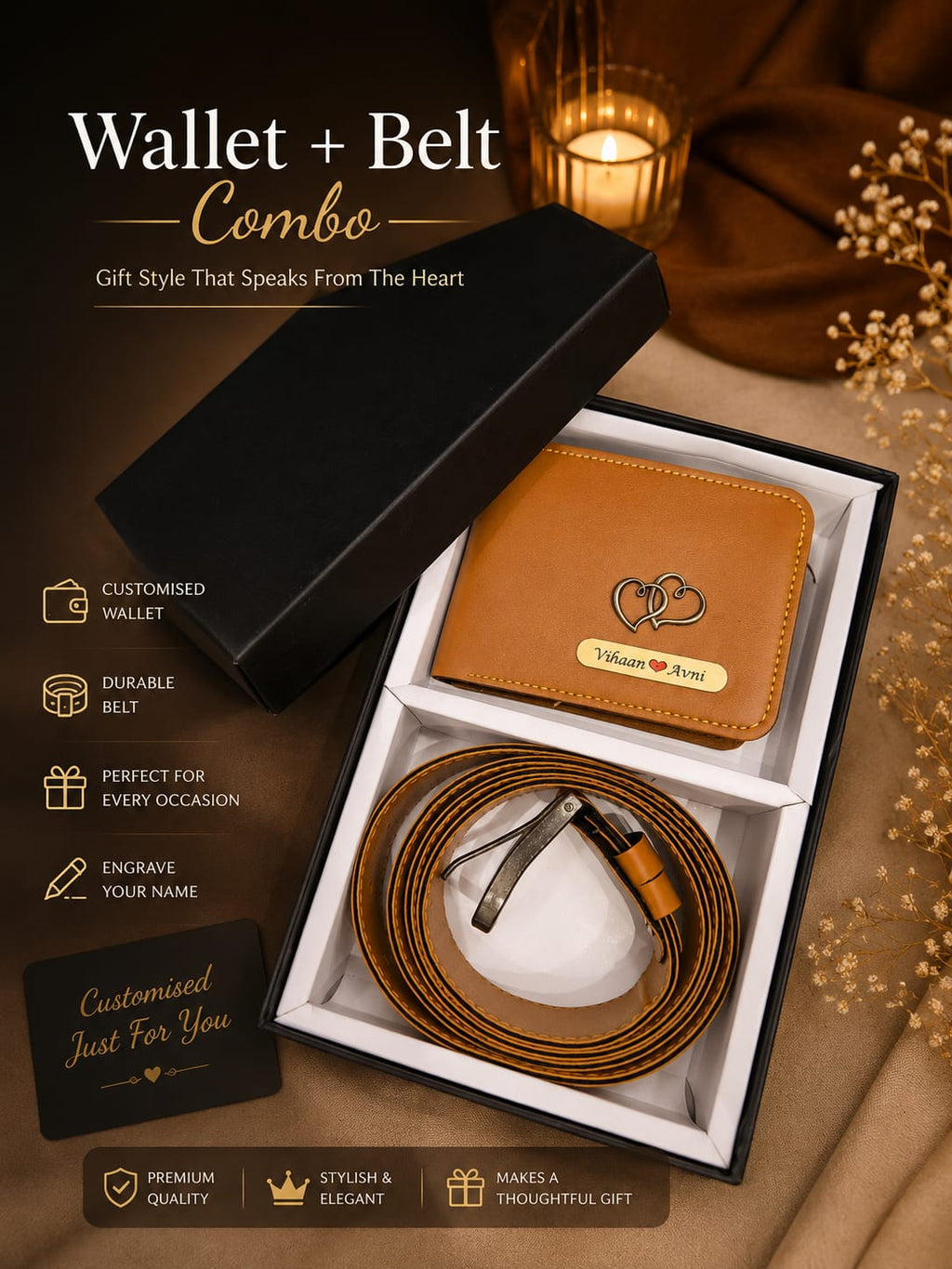 Personalized Wallet & Belt Gift Combo for Men | Custom Name Engraved Premium Brown Leather Wallet with Stylish Belt | Birthday, Anniversary & Gift for Him