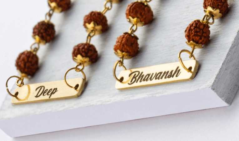 Customised Metal Bracelet with Rudraksha (Set of 2 Rakhis)